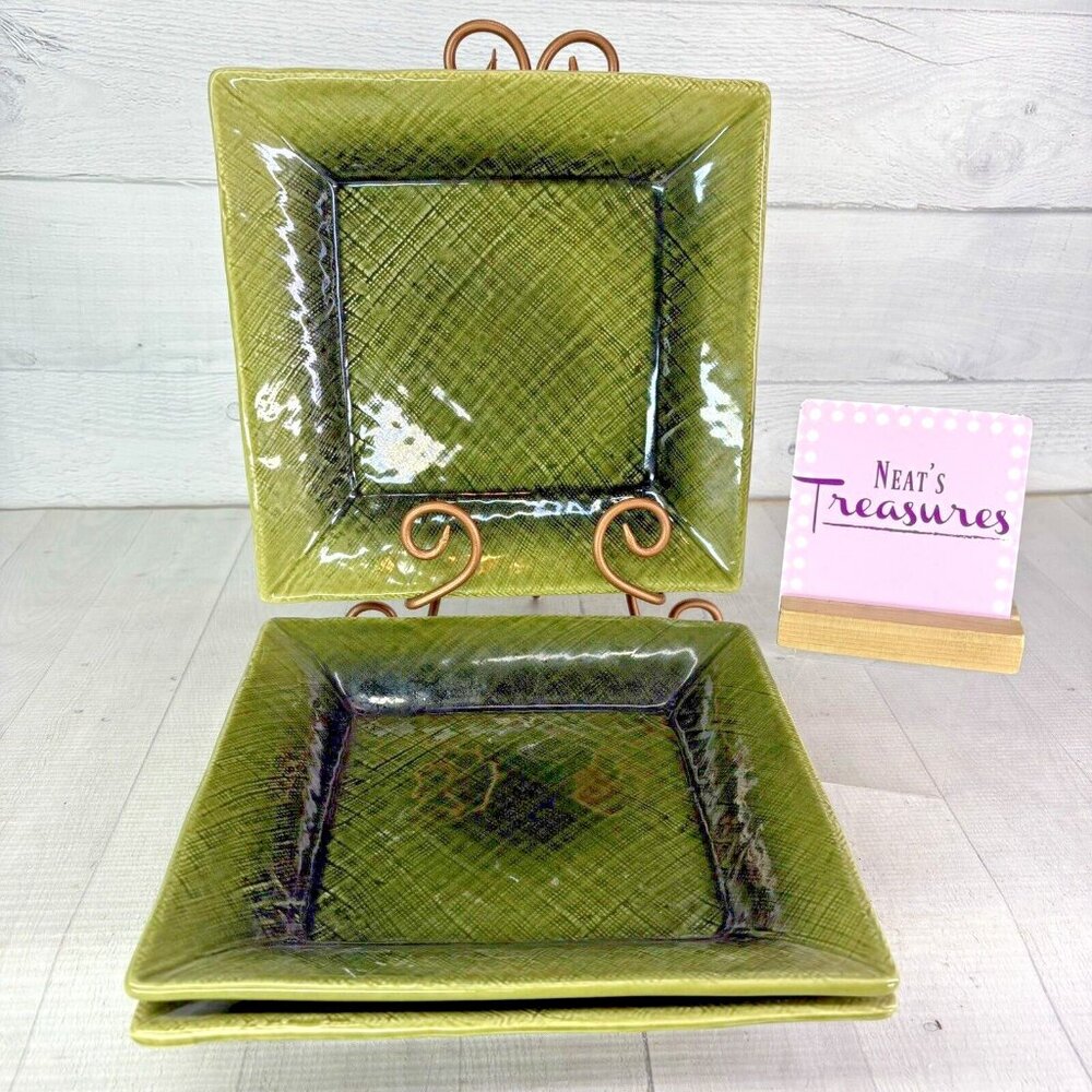 Home Target ASIAN LINEN Green Embossed Weave Square Stoneware Dinner Plate Set 3